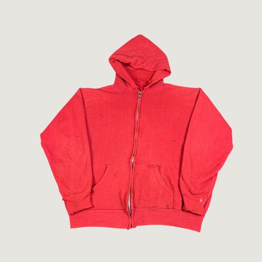Vintage Red Thermal Lined Zip Up Hoodie Distressed Workwear Sweatshirt Small